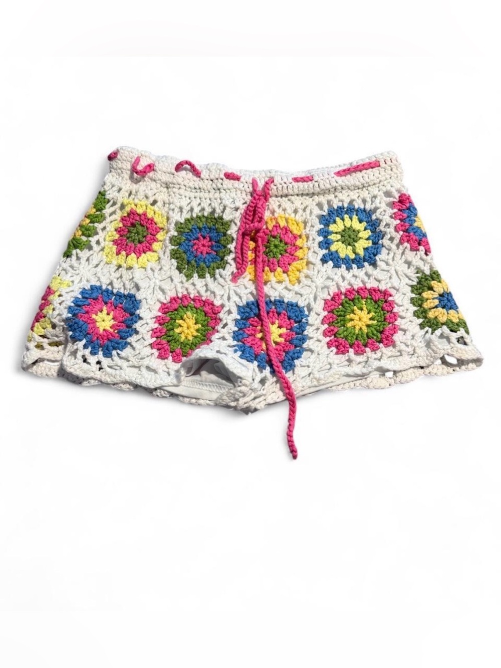 Muse Crochet High-Waist Shorts - White with Pink, Blue, Green, Yellow Accents